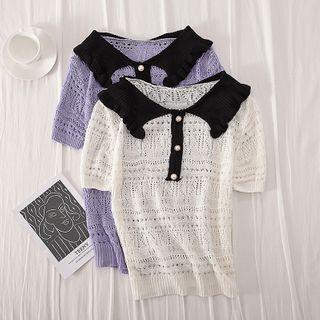 Contrast Collar Short-sleeve Pointelle Knit Polo Shirt
