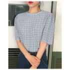 Crew-neck Puff-sleeve Plaid Top