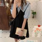 Pleated Collar Blouse / Mini A-line Overall Dress