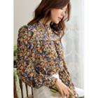 Puff-sleeve Shirred Floral Blouse Brown - One Size
