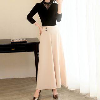 Set: Mesh Panel Velvet Long-sleeve T-shirt + High Waist Wide-leg Pants