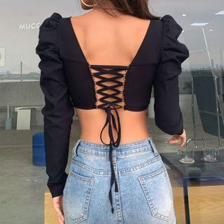 Puff-sleeve Lace-up Back Crop Top