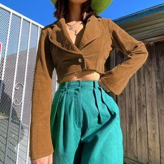 Plain Peter-pan Collar Corduroy Crop Light Jacket