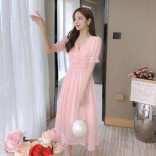 Short-sleeve V-neck Ruffled Chiffon Dress