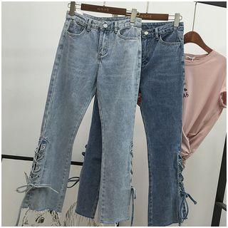 Washed Lace-up Frayed Straight-cut Jeans