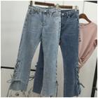 Washed Lace-up Frayed Straight-cut Jeans