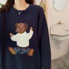 Bear-print Knit Sweater Navy Blue - One Size