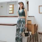 Set: Wrapped Bikini Top + Swim Bottom + Print Wide-leg Pants