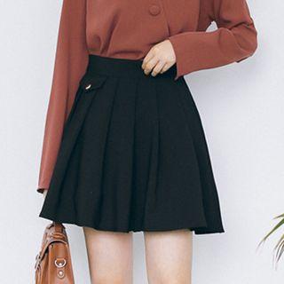 Tie-waist Pleated A-line Plain Skirt