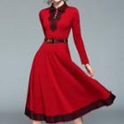 Lace Trim Long-sleeve Midi A-line Dress