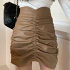 High-waist Faux Leather Ruched Mini Pencil Skirt