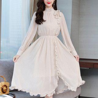 Long-sleeve Dotted Frill-trim Midi A-line Dress