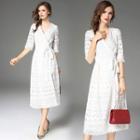 V-neck Elbow-sleeve A-line Midi Lace Dress