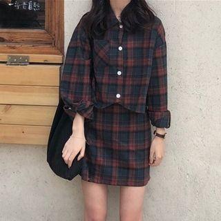 Set: Retro Plaid Long Sleeve Shirt + A-line Skirt