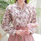 Tie-neck Ruffle-trim Floral Blouse Ivory - One Size