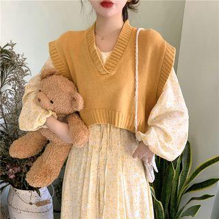 Floral Long-sleeve Dress / Plain V-neck Knit Vest