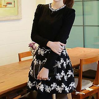 Beaded Neckline Patterned Dress