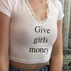 Short-sleeve Lace Trim Lettering Cropped T-shirt