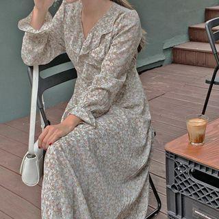 V-neck Ruffled Floral Long Dress With Sash