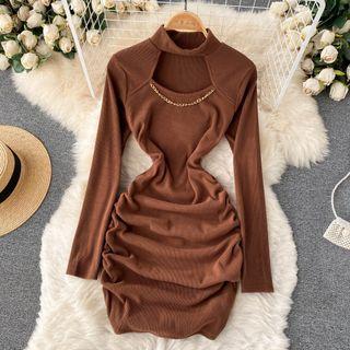 High-neck Cutout Ruched Long-sleeve Dress