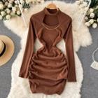 High-neck Cutout Ruched Long-sleeve Dress
