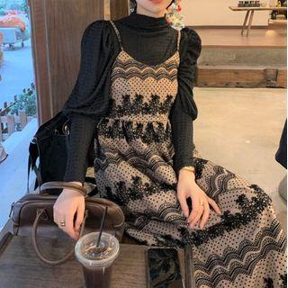 Spaghetti Strap Patterned Midi A-line Dress / Long-sleeve Mock-neck Top
