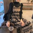 Spaghetti Strap Patterned Midi A-line Dress / Long-sleeve Mock-neck Top