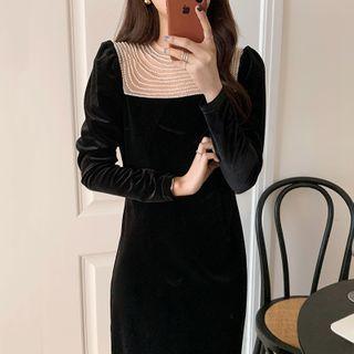 Paneled Long-sleeve Velvet Midi A-line Dress