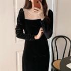 Paneled Long-sleeve Velvet Midi A-line Dress