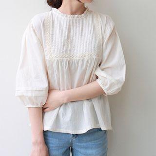 Frilled-neck Pintuck-trim Top
