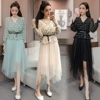 Set: Floral Print Blouse + Midi Mesh Skirt