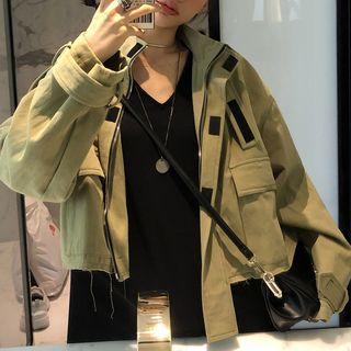 Cropped Zip Cargo Jacket Pea Green - One Size