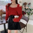Cold-shoulder Knit Top / High-waist Buttoned Mini Skirt