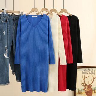 Long-sleeve V-neck Ribbed Knit Midi Dress