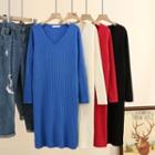 Long-sleeve V-neck Ribbed Knit Midi Dress