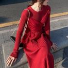 Long-sleeve Sashed Ribbed Knit Midi A-line Dress