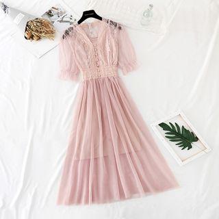 Lace Panel Mesh Overlay Midi Dress