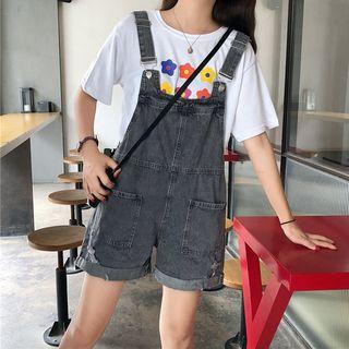 Ripped Rolled Wide-leg Dungaree Shorts