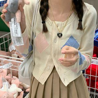 Long-sleeve Plaid Knit Cardigan Almond - One Size