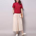 Set: Plain Short Sleeve Henley T-shirt + Plain Culottes