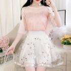 Set: Lace Cold-shoulder Blouse + Flower Embroidered A-line Skirt