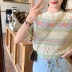 Short-sleeve Floral Print Knit Top Short-sleeve Top - Off-white - One Size