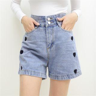 Heart-embroidered Wide-leg Denim Shorts