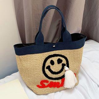 Smiley Face Print Woven Tote Bag As Shown In Figure - One Size