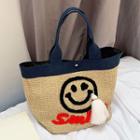 Smiley Face Print Woven Tote Bag As Shown In Figure - One Size