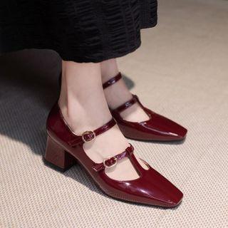 Block Heel Patent Double-strap Mary Jane Pumps