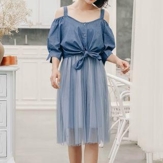 Set: Spaghetti Strap Dress + Elbow-sleeve Cold Shoulder Top