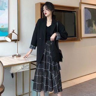 Single-breasted Blazer / Plaid Midi A-line Skirt / Set