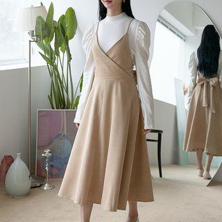 Set: Tie-back Midi Pinafore Dress + Puff-sleeve Top
