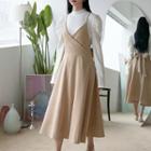 Set: Tie-back Midi Pinafore Dress + Puff-sleeve Top